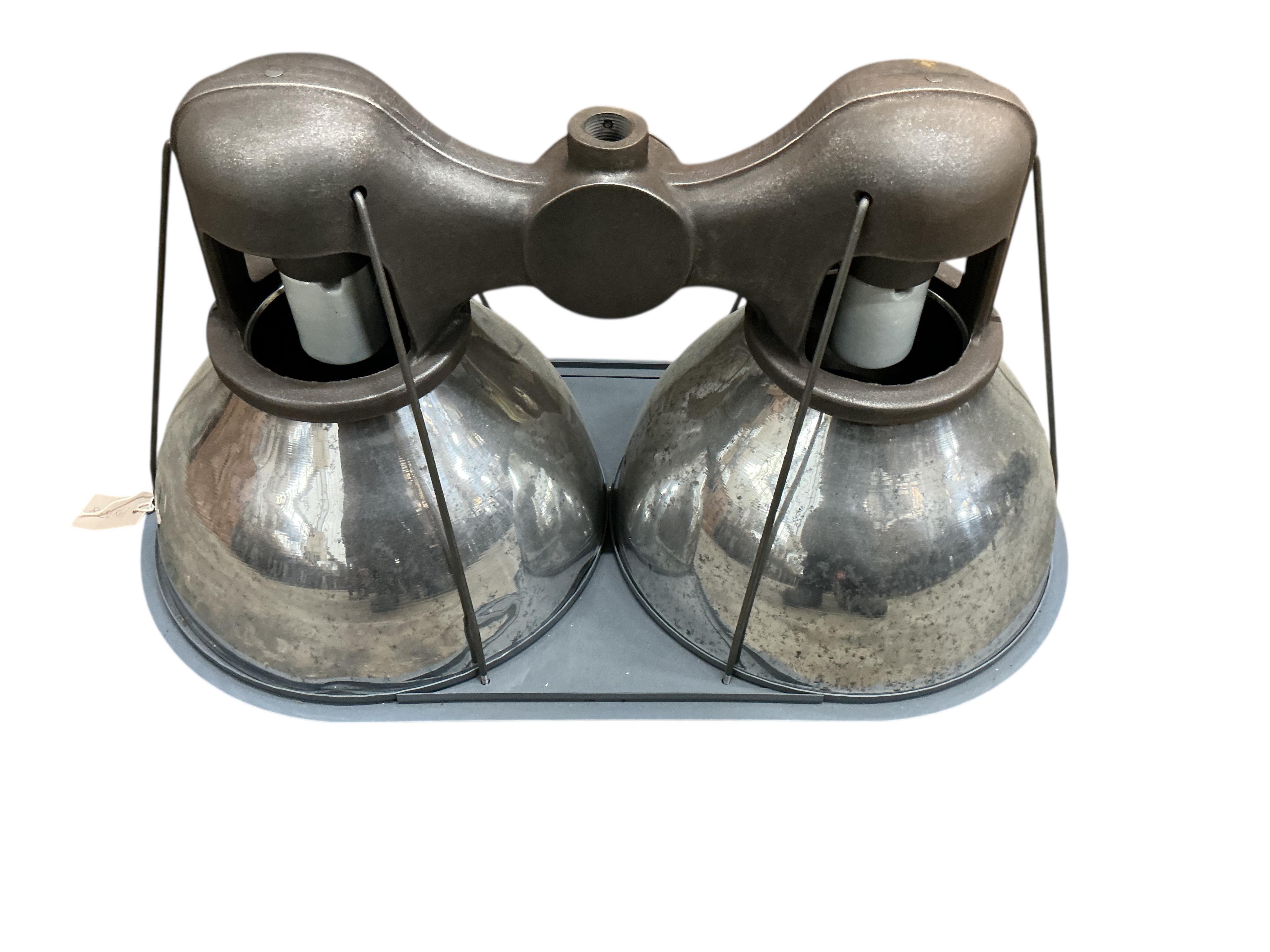 A double Mercury glass factory light, width 65cm, height 40cm